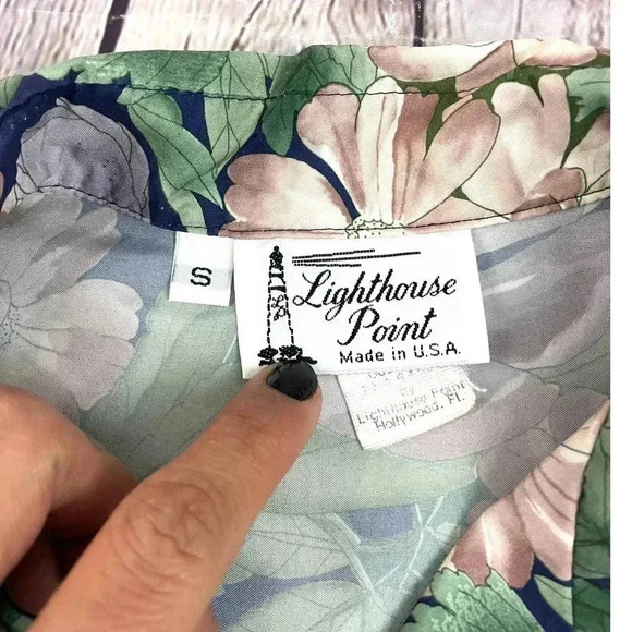 VTG Floral Button Up Blouse Top SMALL Short Sleeve Lighthouse Point Green Pink - Picture 3 of 12